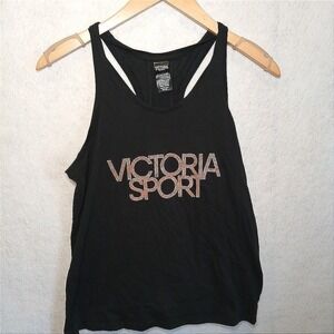 Victoria Sport Womens Tank Top XS Black Open Back Knot Rose Gold Glitter Logo